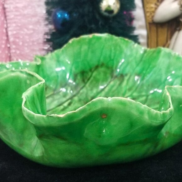 Antique Green Lettuceware Cabbage Leaf Majolica Bowl Paste Glaze Italy Napoli - Picture 6 of 10